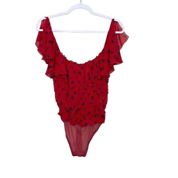 Free People Intimately Bodysuit Blouse Women S Red Floral Ruffle Cap Sleeve Boho - Picture 1 of 6